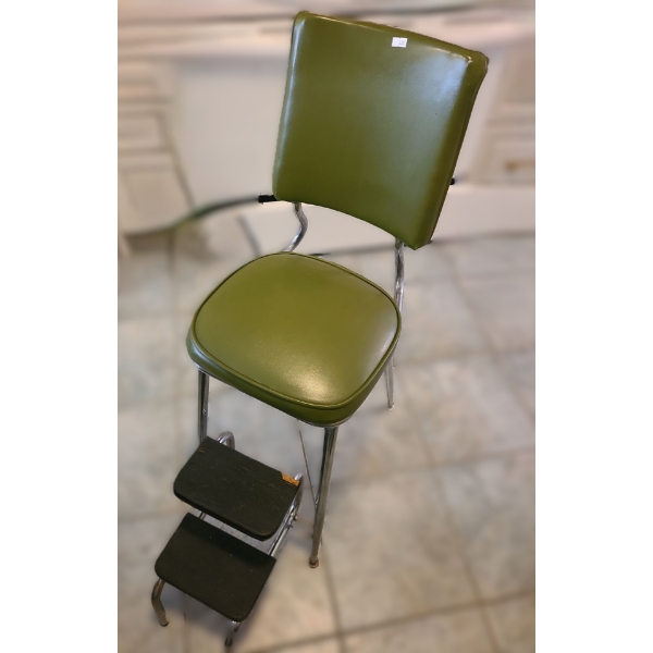 Vintage Green Vinyl Chair/ Step Stool 14 W, 16 D, 38.5 T w/ Step Closed