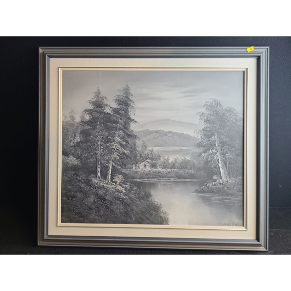 Chalet in Woods/ Shades of Grey Painting, Signed: C.Austin, Framed, 30.5 X 26.5 