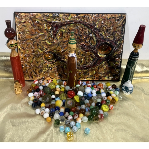 Wooden Figurines, Painting, and Assorted Marbles