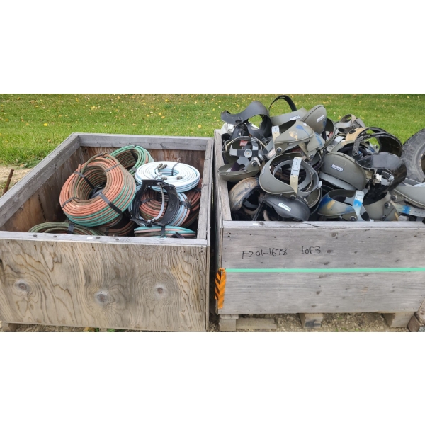 Two Pallet Boxes 41 W, 48 D, 25 T and 27 T, w/ Cutting Torch Hoses, Cutting Visors