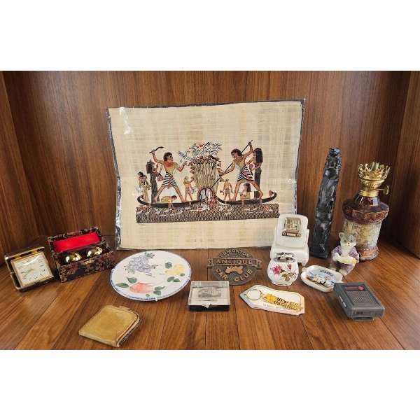 Collection Including Papyrus Artwork, Miniatures, Plate, and Accessories