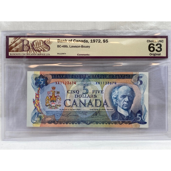 Graded Canadian 1972 $5 Choice UNC Prefix: XA