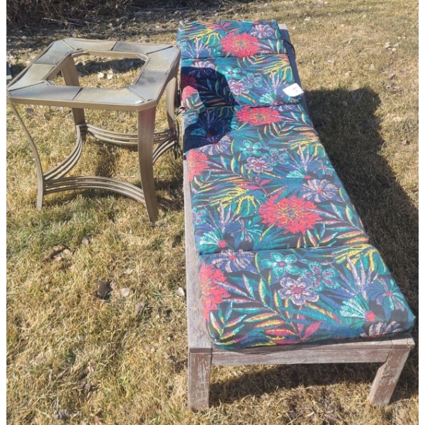 Outdoor Side Table (No Top) 24 W, 24 D, 24 T and Chair 27 W, 78 D, 12 T When Flat w/ Cushion