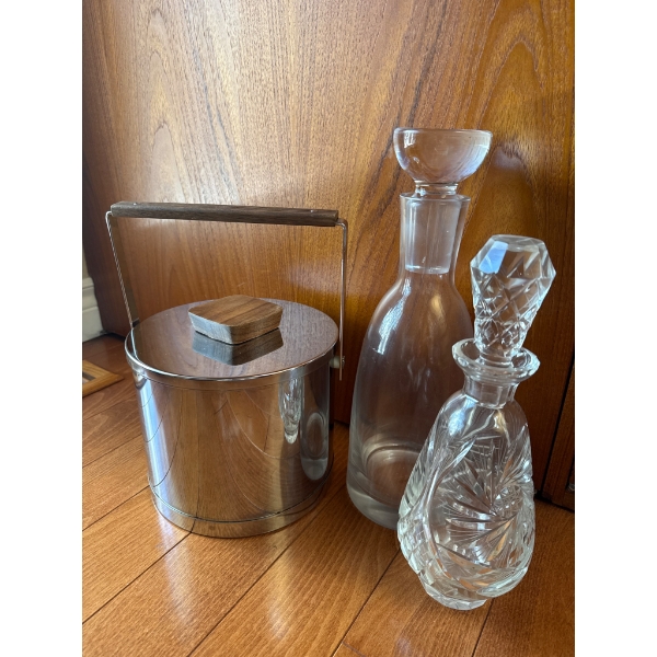 Two Glass Decanters and Stainless Steel Ice Bucket With Lid
