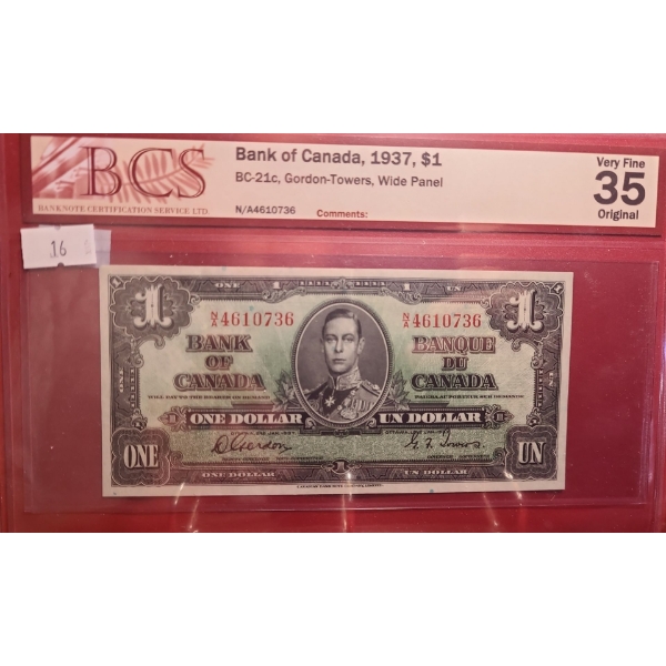 Certified Bank of Canada 1937 - $1 Bill N/A4610736- BC-21c Wide Panel/ Very Fine 35 Original
