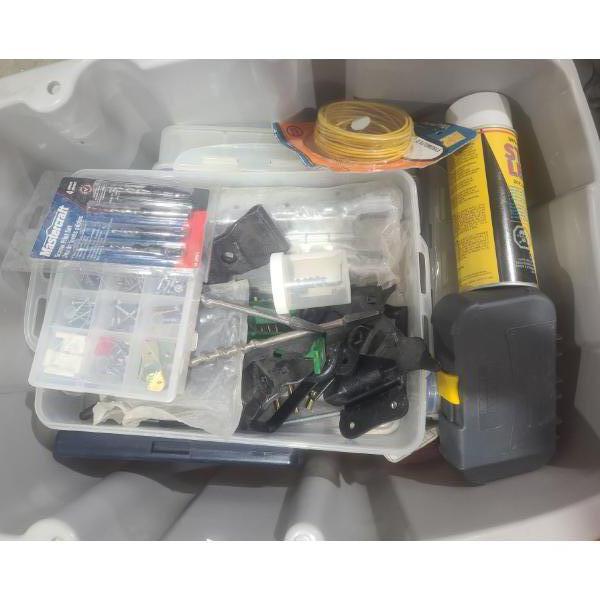 Bin w/ Mastercraft Electronic Caliper and Assorted Hardware 