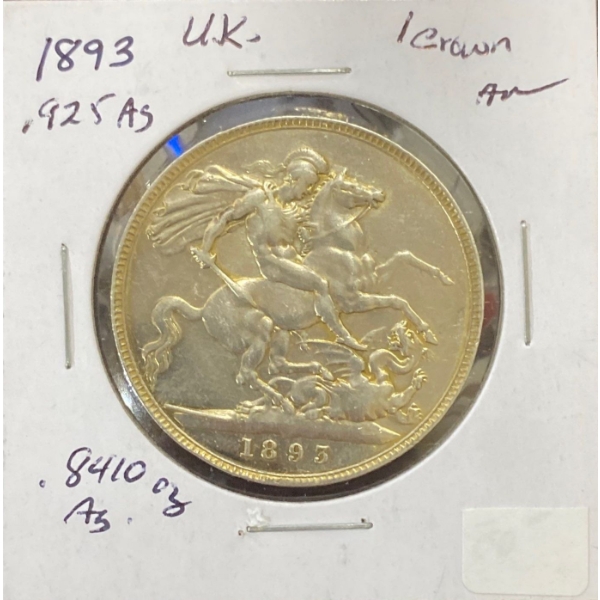 1893 British 1 Crown Silver Coin 92.5% Silver 28.28 Grams