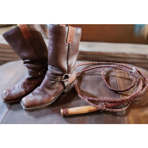 - Brown Leather Boots w/ Square Toe (10.5" Exterior Sole Length) and Braided Whip