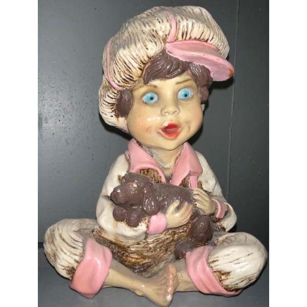 Smile Like A Donut - Antique Child Figurine w/ Canine Companion 11T