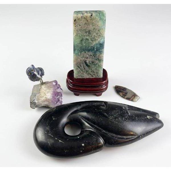 Stone Carvings Including Broken Tail Feather and Gemstone Art ( redo pictures no bird)