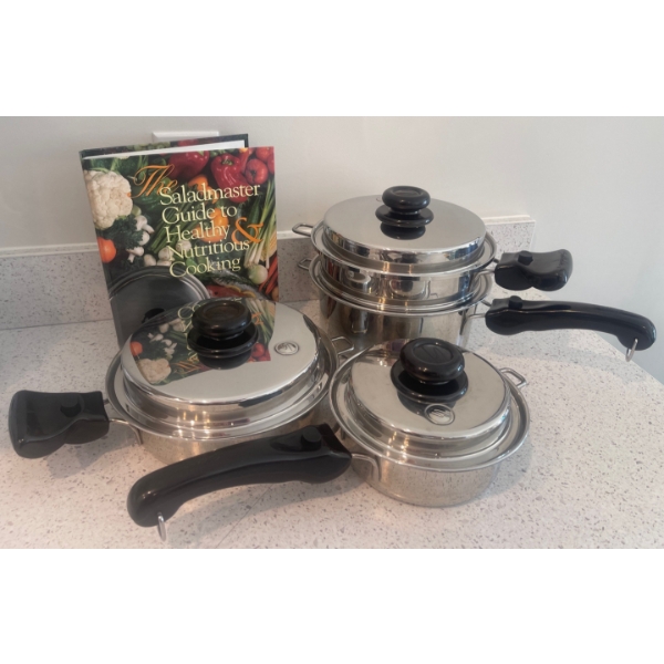 Amazing Saladmaster Guide w/ Three Pressure Cooker Pots/Dishes w/Lids  Healthy & Nutritious Cooking