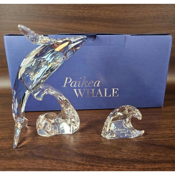 Crystal Paikea Whale Sculpture with Wave, Signed 2013