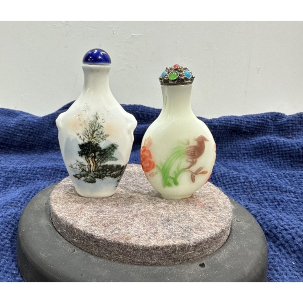 Hand Painted Fishing Scene and Birds Snuff Bottles with Spoons 3.25H & 3H