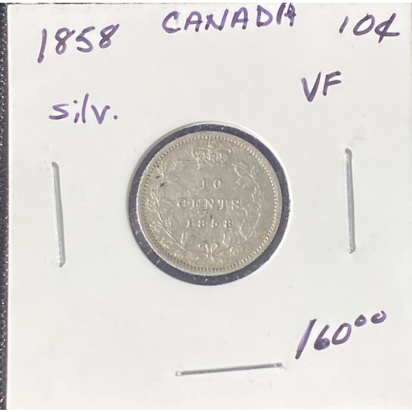 1858 Canadian Dime 92.5% Silver 2.32 Grams