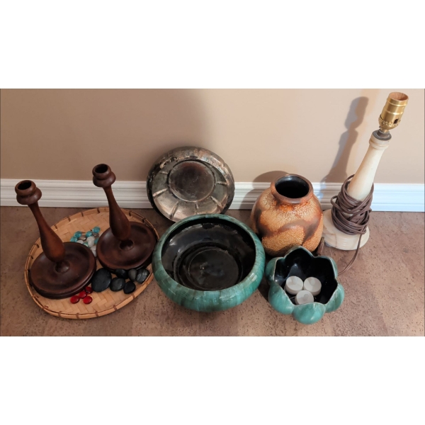 Blue Mountain Pottery Vessels w/ Fat Lava Jug Onyx Lamp Base Wooden Candlestick Holders & More