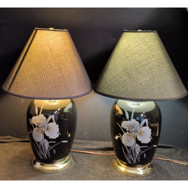 A Pair Of Black Floral Print Lamps
