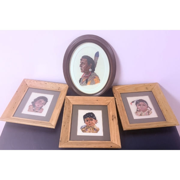 Four Framed Embroidered Portraits Featuring Indigenous Figures