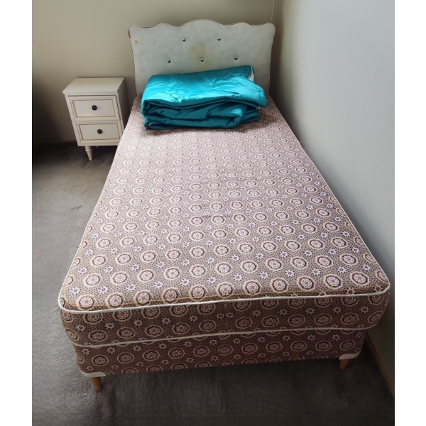 Vintage Headboard/ Twin Mattress/ Platform 39 W, 75 D, 36 T and Nightstand 14 W, 12 D, 22 T 