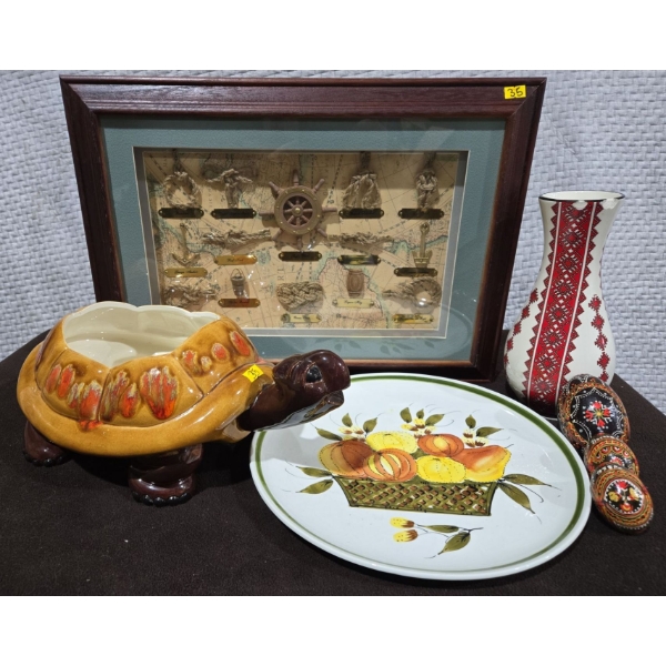 Seamans Ropes Framed, Turtle Planter, Ukrainian Themed Eggs + More