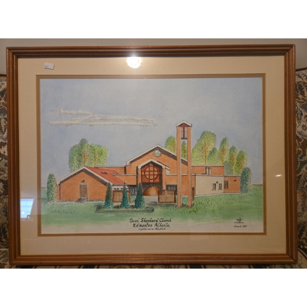 Framed Good Shepard Church Watercolor By: M.E. Reid - 19x25