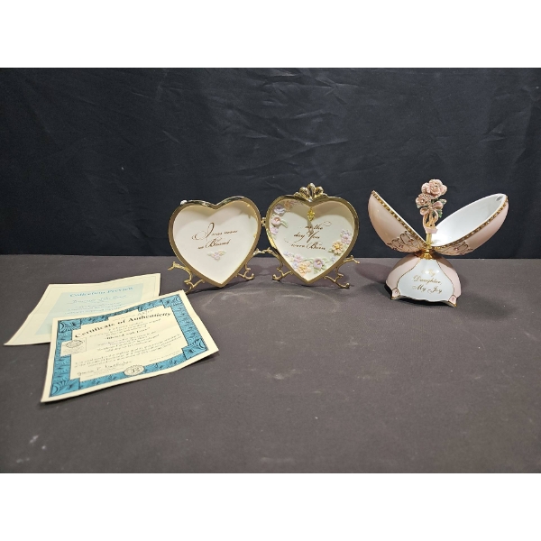 Bradford Exchange Porcelain Heart and Egg Keepsake Boxes, Certificates