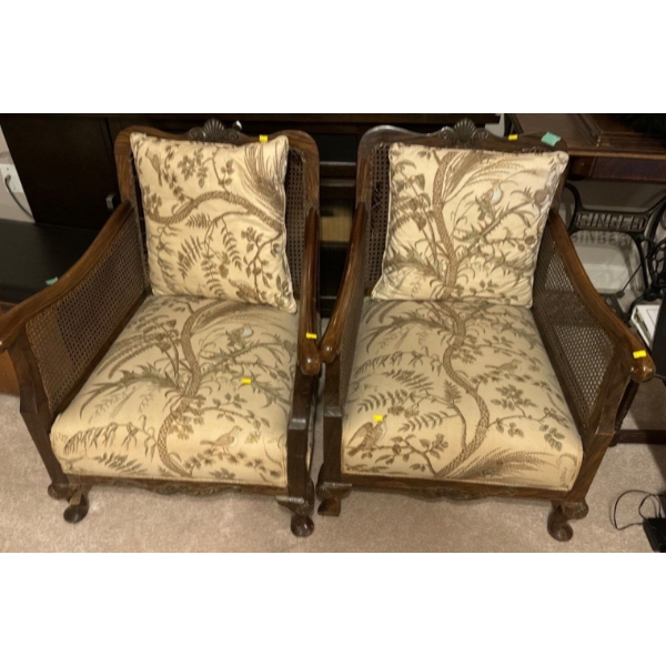 Set of 2 Lovely Cloth and Wooden Seats; One Seat is Broken - 25W, 32D, 34T