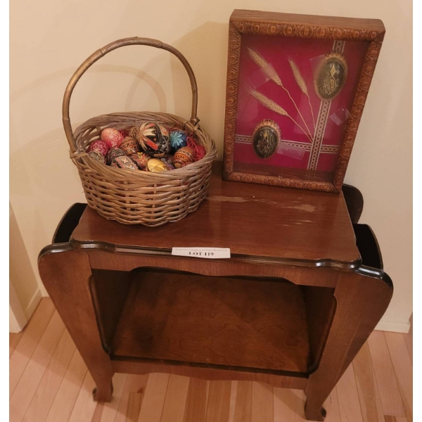 Wooden Table, Hand-Painted Egg Collection, and Framed Decorative Art