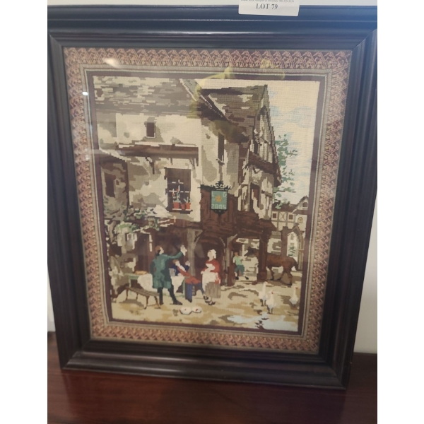 Framed Under Glass Needlepoint of Rural Town 26 w 31 1/2 h