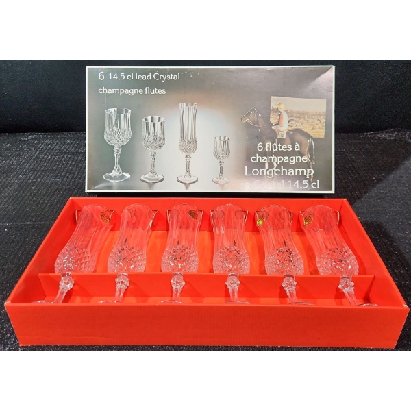  Set of Six Longchamp Cristal d'Arques 24% Lead Crystal Champagne Flutes