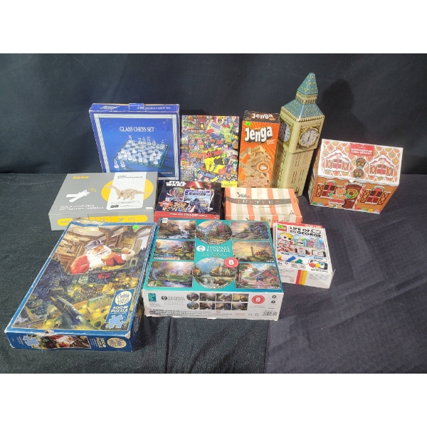 Games, Puzzles, and Decor Including Glass Chess Set and More
