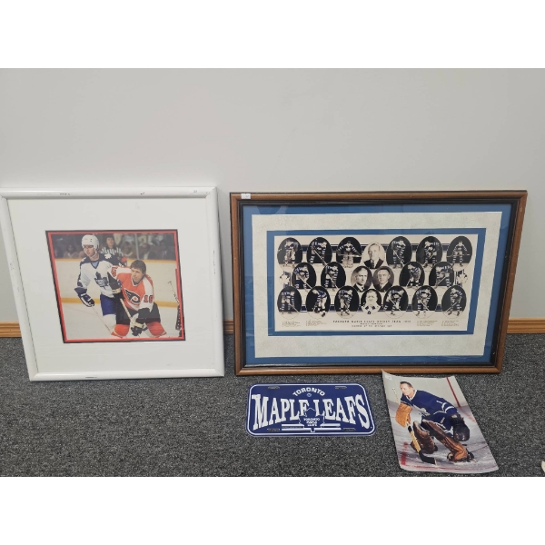 Toronto Maple Leafs Memorabilia Lot Including Framed Prints and License Plate