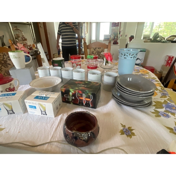 Assorted Mugs, Bowls, Shot Glasses, Vase amd more.