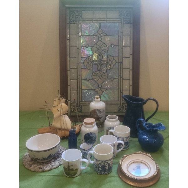 Lot: Dutch Ceramic Decor, Wooden Ship Lamp, Framed Stained Glass Panel