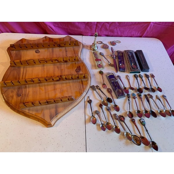 Lot of Collector Spoons, Spoon Rack, Bells and Vintage Keychains