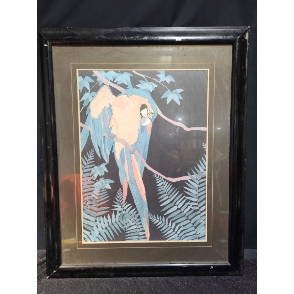 Parrot Print, Artist: D. Gond, Framed Under Glass 36 X 44