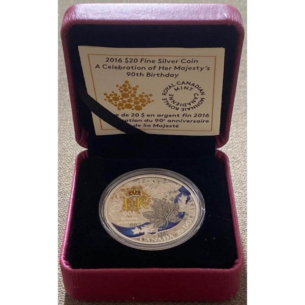 2016 $20 Her Majesty's 90th Birthday Fine Silver Coin 31.39 Grams