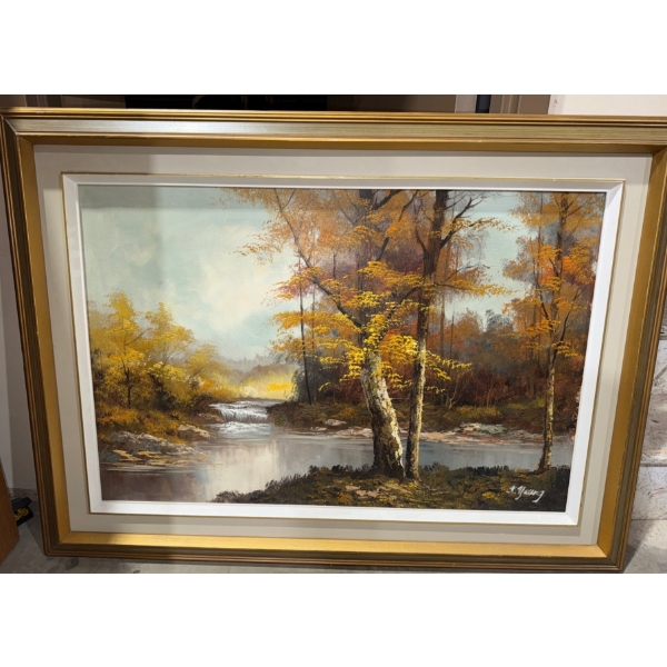 Original Oil Painting-Autumn Landscape w/Trees & River signed by K.Yeung  45x32"tall