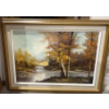 Image 1 : Original Oil Painting-Autumn Landscape w/Trees & River signed by K.Yeung  45x32"tall
