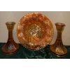 Image 2 : Tree Bark Pair of Marigold Carnival Glass Candlesticks & Prism  Band Jeanette Glass Co.