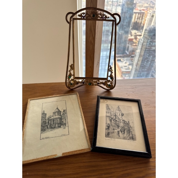 Art Deco Frame w/ Antique Etchings - The Temple & A Building In London