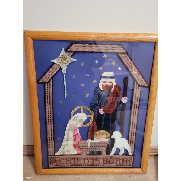 Religious Embroidered Art 'A Child Is Born' 17x21