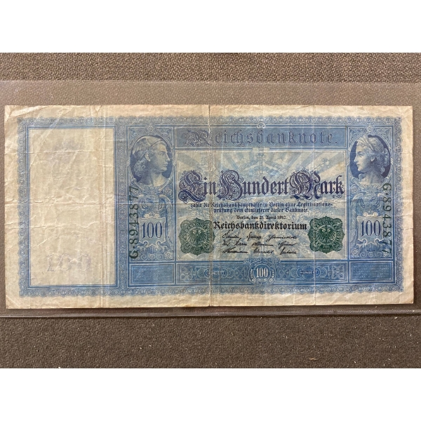 German 100 Mark Banknote, Series 1908, Serial No. 6943817