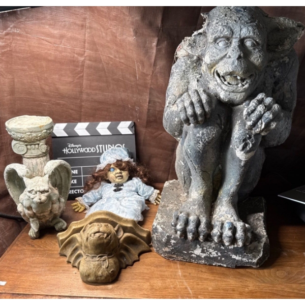 Garden Gargoyles (Lg is 25In Tall, Damage), Creepy Doll, Hollywood Sign, Heavy Wall Gargoyle Shelf 