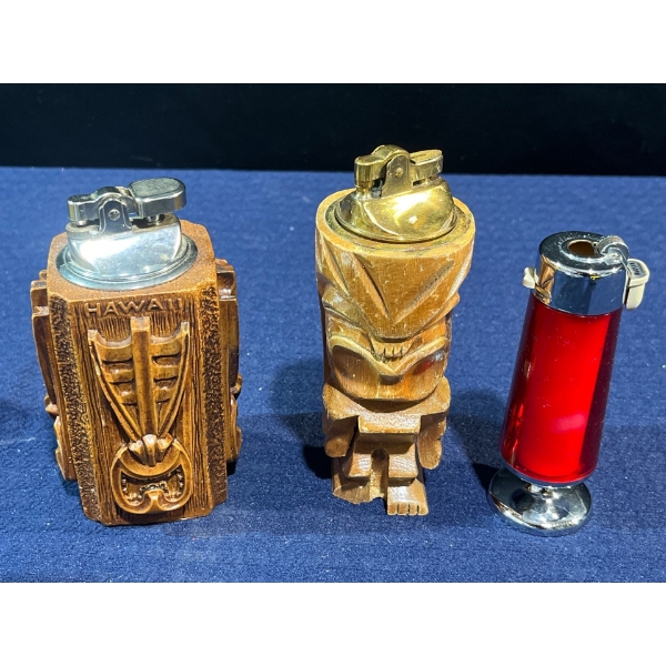 3 Lighters; Red, Wood Carved, Hawaii Souvenir