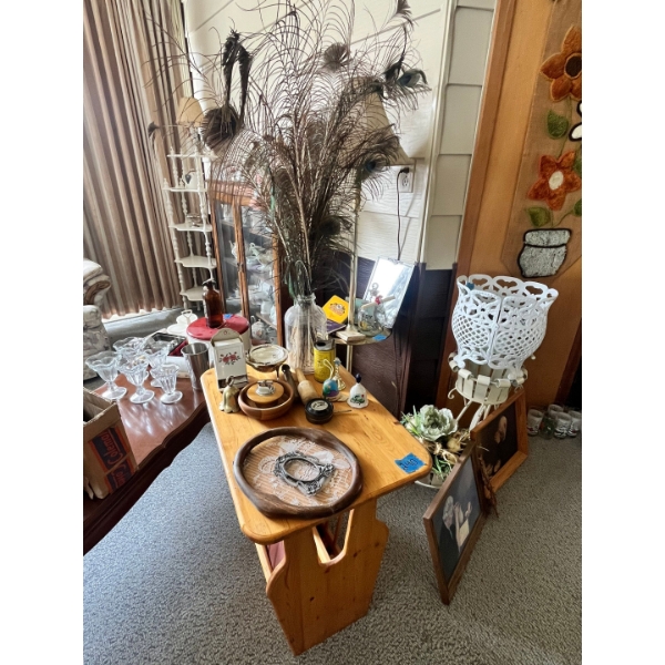 Wooden side table, vase with peacock feathers, variety of ashtrays and matchbox holder along with ot