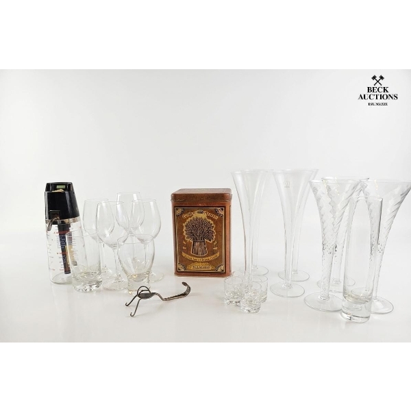 Tall Champagne Flutes And Mixed Wine Glasses,  Metal Box Of Vintage 1978, And More.