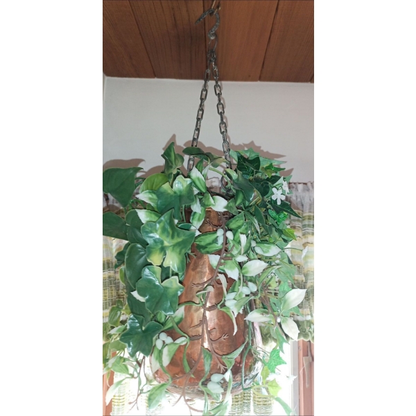 Two Hanging Copper Plant Pots w/imitation Plants