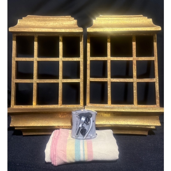 Two Gilt Wall-Mounted Display Shelves with Accessories