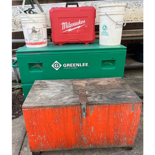 Greenlee Job Box, Milwaukee Case with Spray Paint, and Assorted Tools