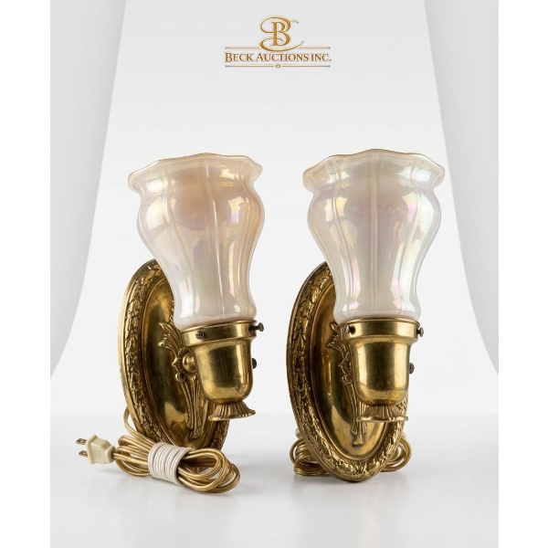 Pair Of Vintage Victorian-Style Brass Wall Sconces And Glass Shades. 